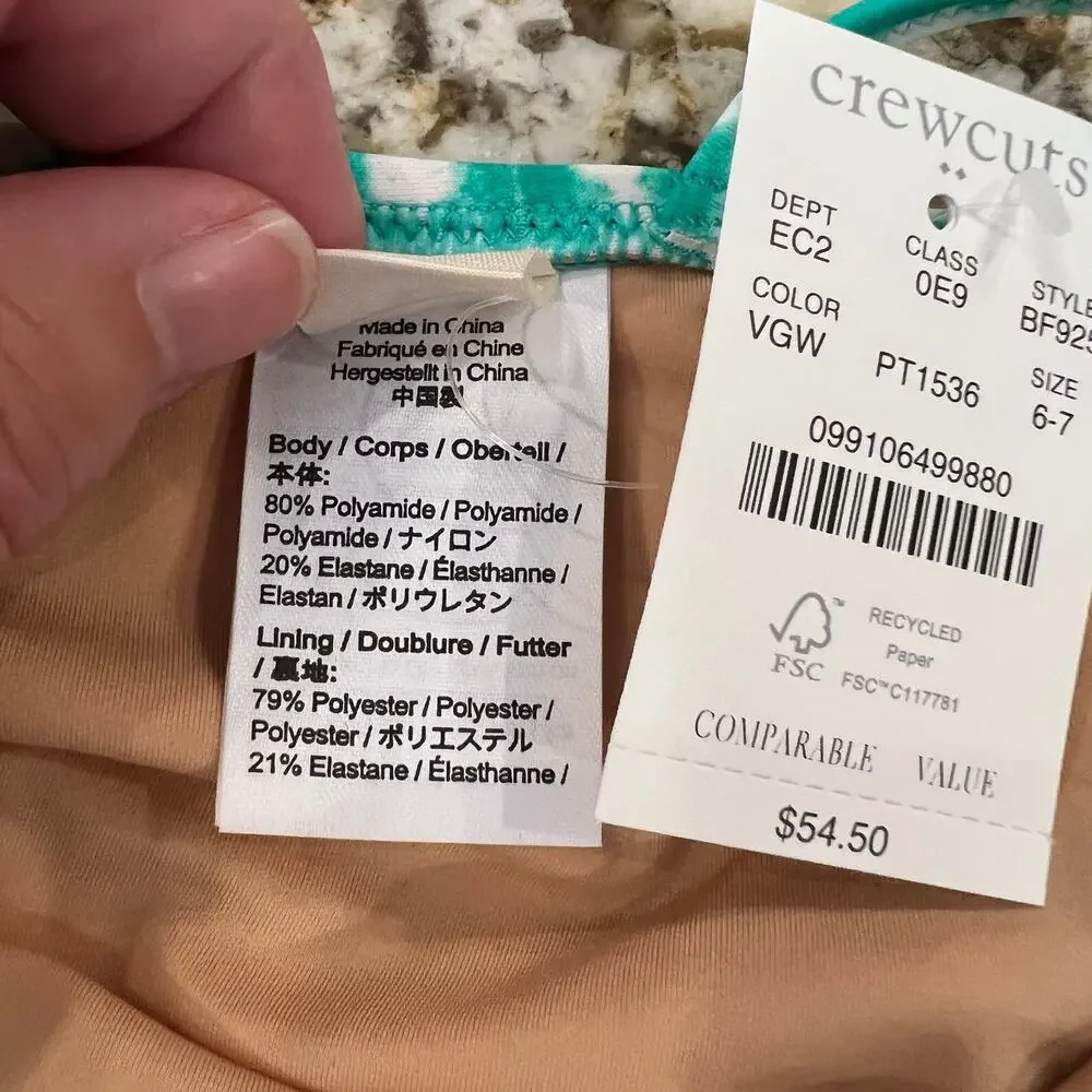 NWT J. Crew Girls' Green & White Tie-Dyed Tankini Swimsuit -